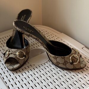 Gucci Brown Monogram Peep-Toe Heels